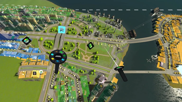 Blick auf eine Stadt im Aufbauspiel Cities: VR mit VR-Controller und VR-Kreismenü