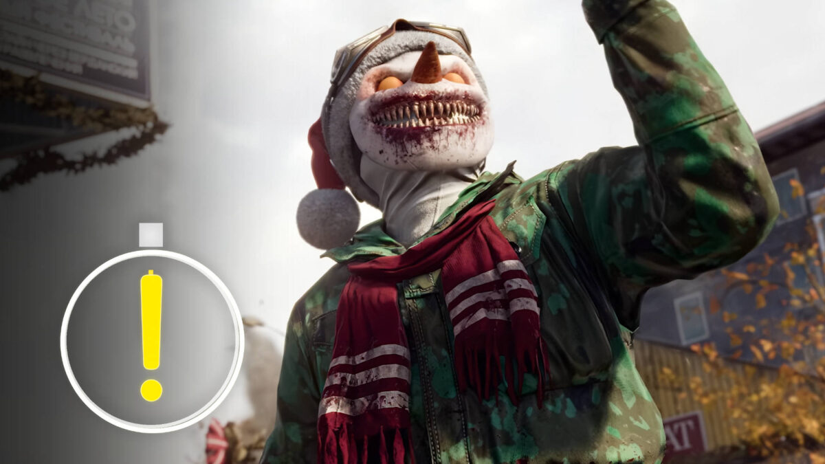 Zombie-Schneemann mit blutverschmiertem Grinsen und Weihnachtsmütze in Call of Duty Black Ops – „Naughty and Nice“-Event mit Warnsymbol.