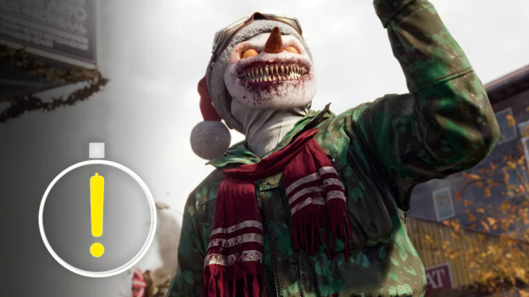 Zombie-Schneemann mit blutverschmiertem Grinsen und Weihnachtsmütze in Call of Duty Black Ops – „Naughty and Nice“-Event mit Warnsymbol.