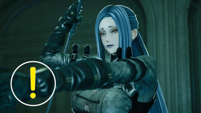 Eine Frau mit blauen Haaren zielt auf etwas vor sich.