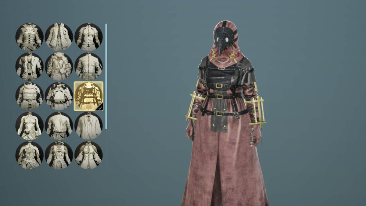 Ein Charakter in einem roten Umhang und einer Vogelmaske gehüllt.