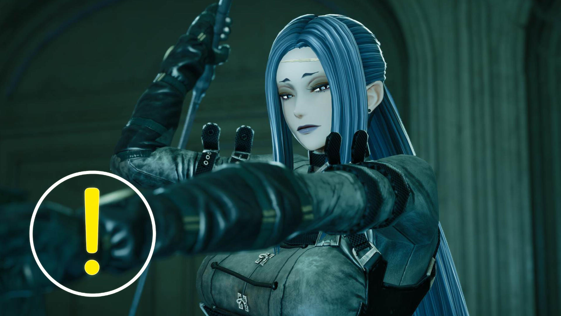 Eine Frau mit blauen Haaren zielt auf etwas vor sich.