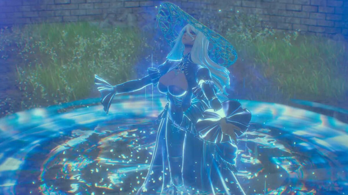 Eine Frau im blauen Kleid und magischen Kräften.