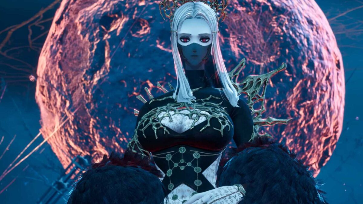 Eine Frau vor einem rötlichen Planeten.