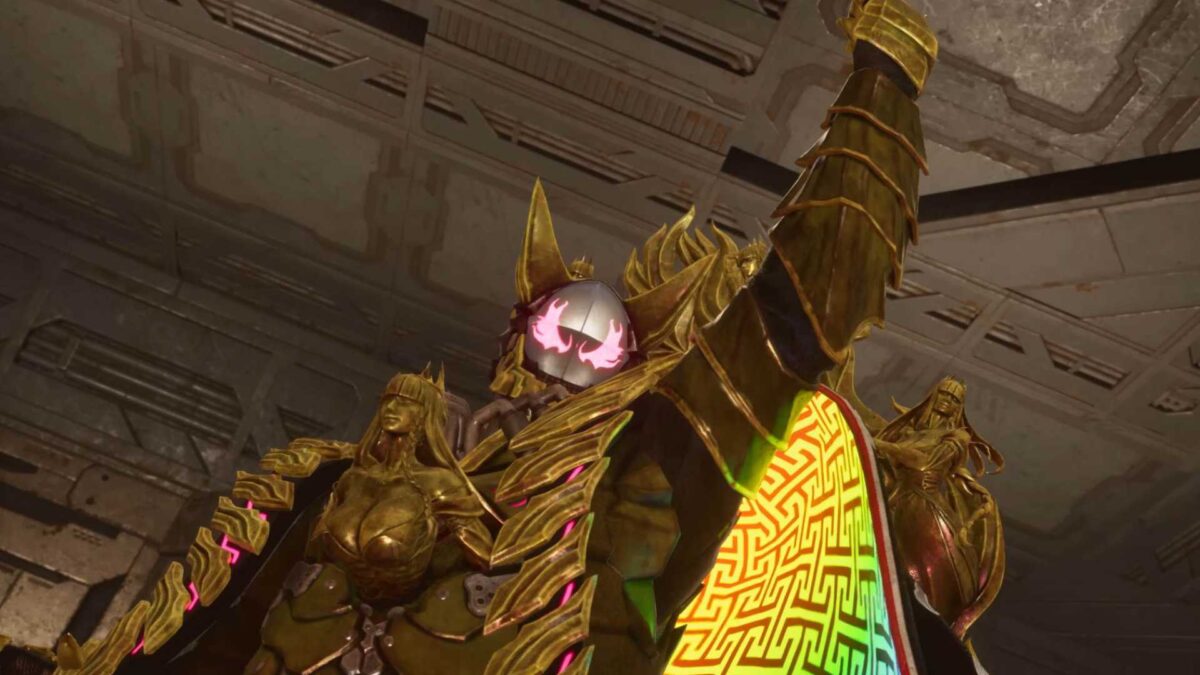 Eine Person in goldener Rüstung und rot leuchtenden Augen.