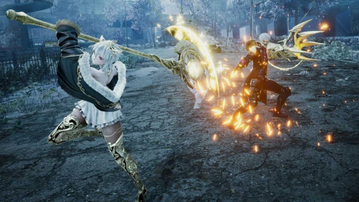 Ein Mädchen springt in die Luft und hält dabei einen magischen Stab mit roten Funken.