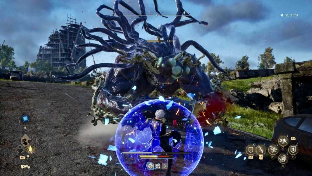 Ein Mann ist von einer blauen Barriere umgeben. Davor ein riesiger Gegner mit Tentakeln.