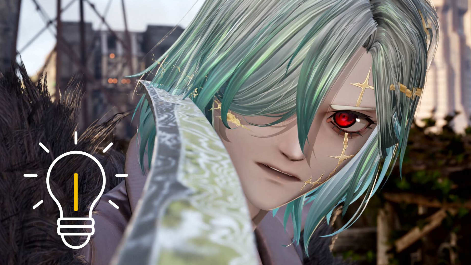 Ein Mann mit grünen Haaren und roten Augen schaut konzentriert.