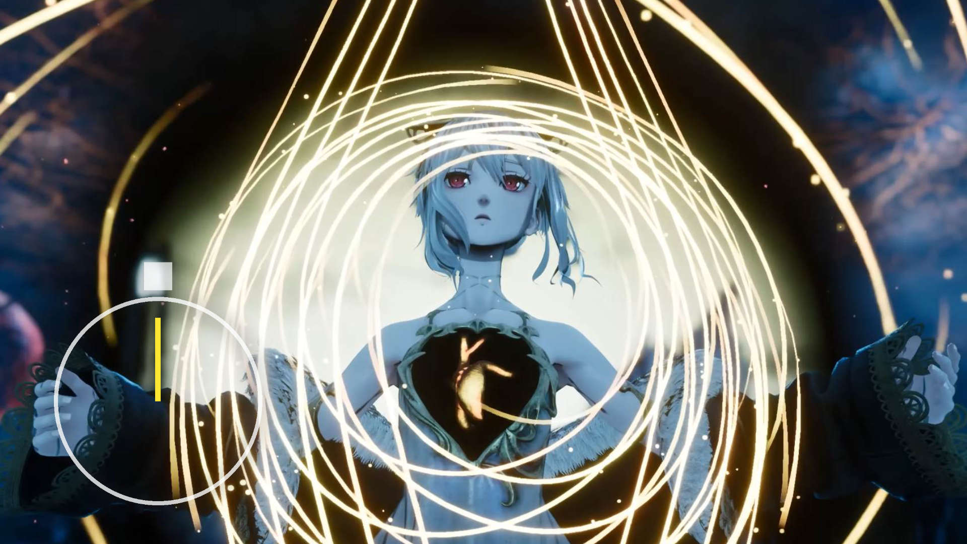 Ein Mädchen in einem leuchtenden goldenen Wirbel.