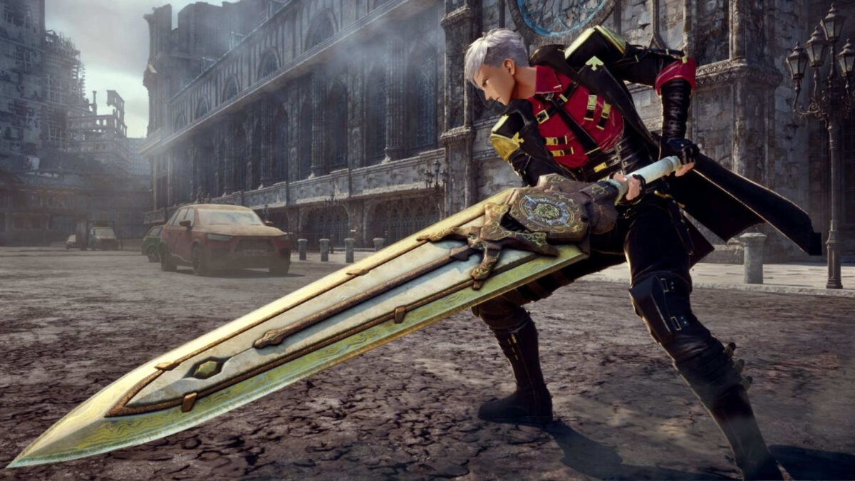 Ein Mann mit riesigen goldenen Schwert.