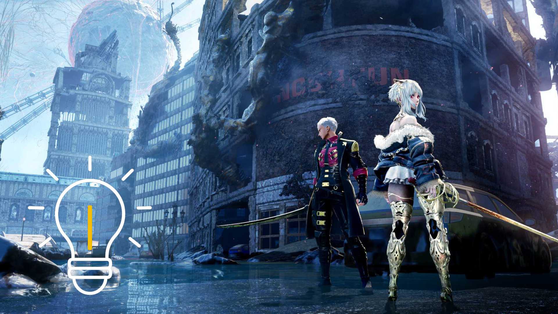 Ein Mann mit Schwert, davor ein Mädchen mit einer Waffe in der Hand.