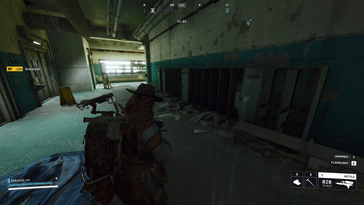 Player character searching abandoned lockers in a rundown control-tower facility in Arc Raiders; XP rewards and UI elements visible on screen.