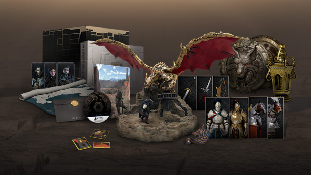EIn Bild mit einem Spiel, einer Drachenfigur, Schildern, einer goldenen Laterne und Rüstungskarten.