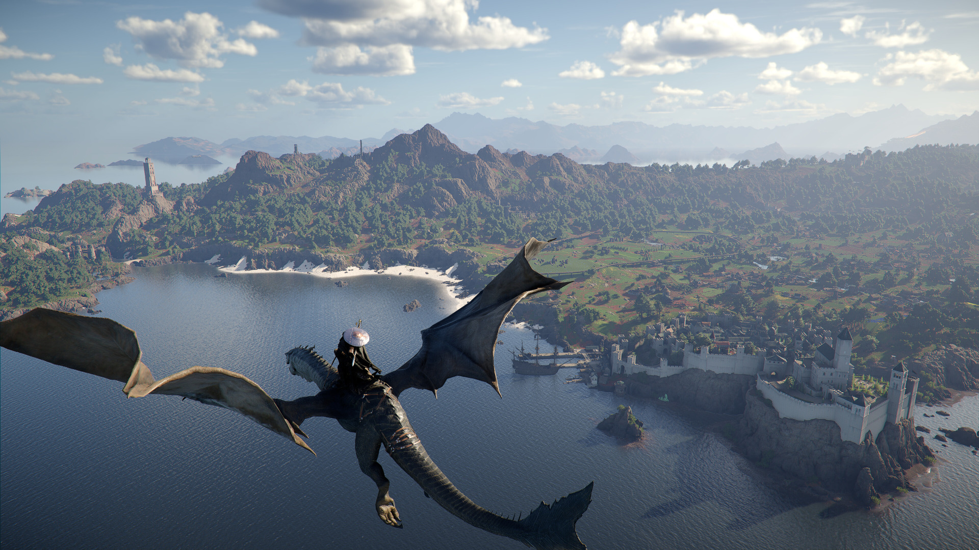 Ein Ritter auf einem Drachen fliegt übers Meer.