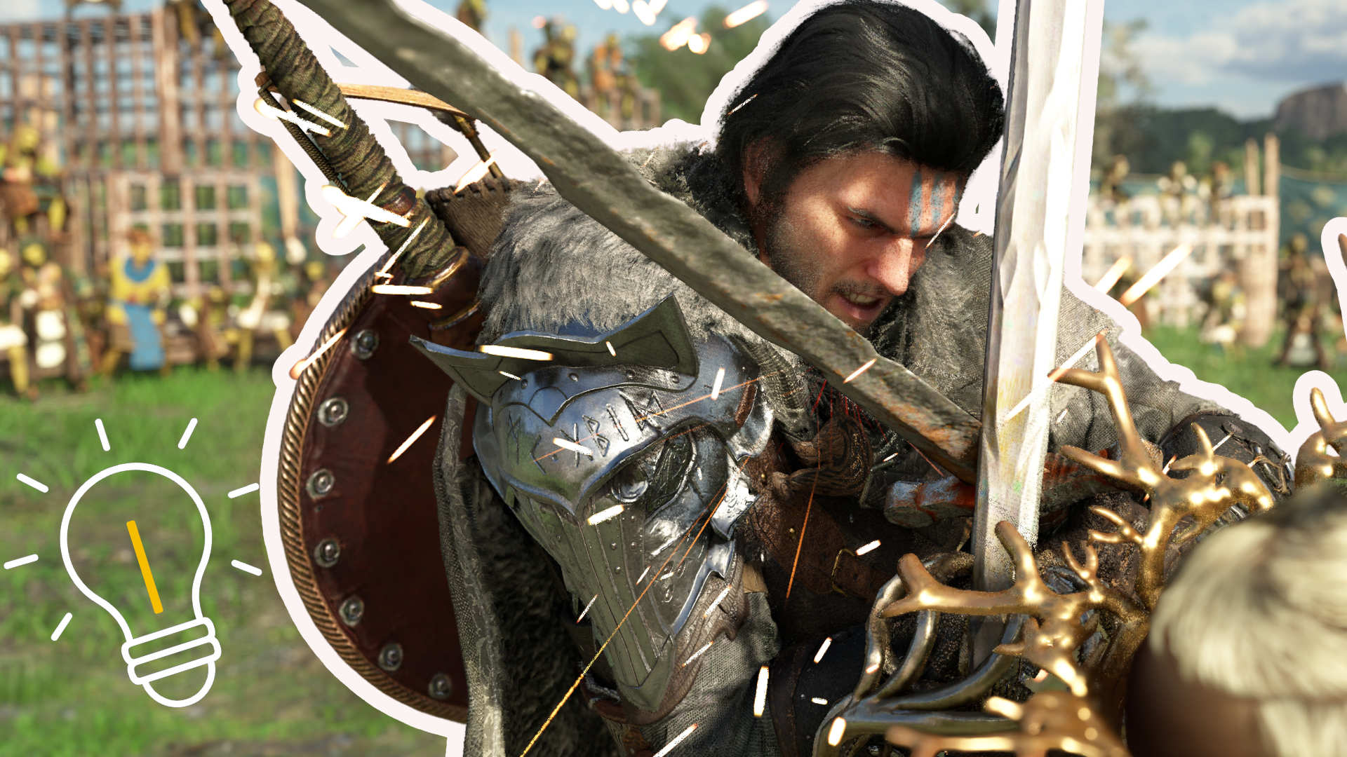 Crimson Desert Chapters: Kliff fights with a sword, his face tense with effort.