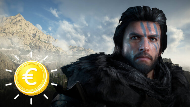 Crimson Desert Preisvergleich: Krieger mit Kriegsbemalung vor Berglandschaft neben Euro-Münze – Symbolbild für günstige Angebote und Game-Key-Preise.