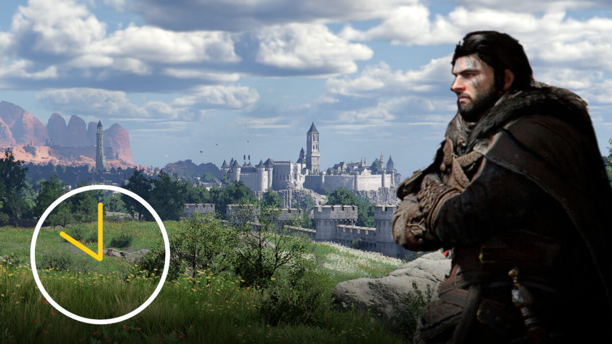 Crimson Desert: Krieger blickt auf mittelalterliche Stadt, markierte Stelle im Gras – Infos zu Preload und globalen Startzeiten.