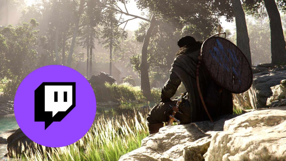 Ein Mann sitzt auf einem Stein, daneben ein großes Twitch Logo.