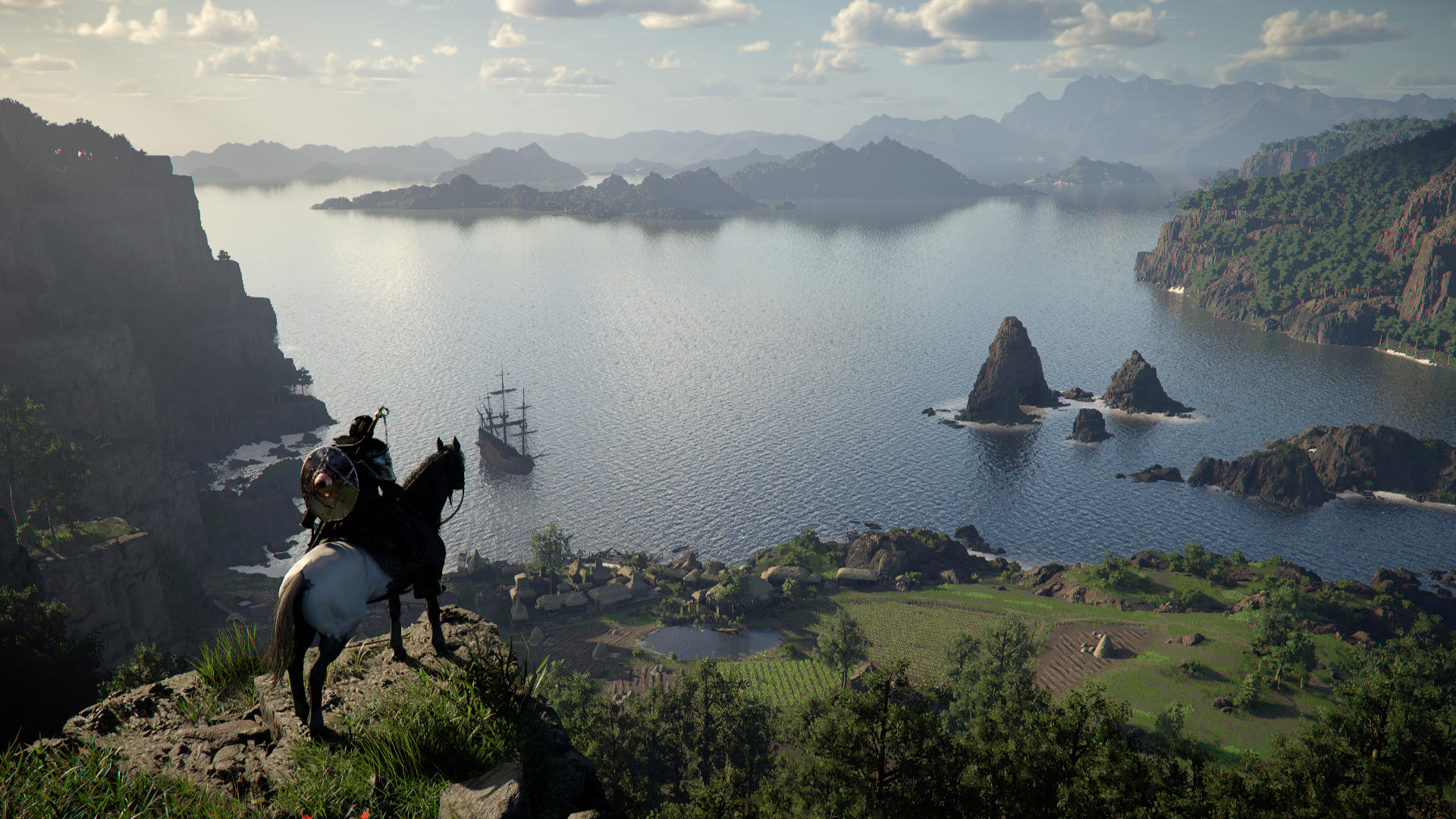 Ein Krieger auf einem Pferd steht an einer Klippe und überblickt ein weites Land und einen großen See.