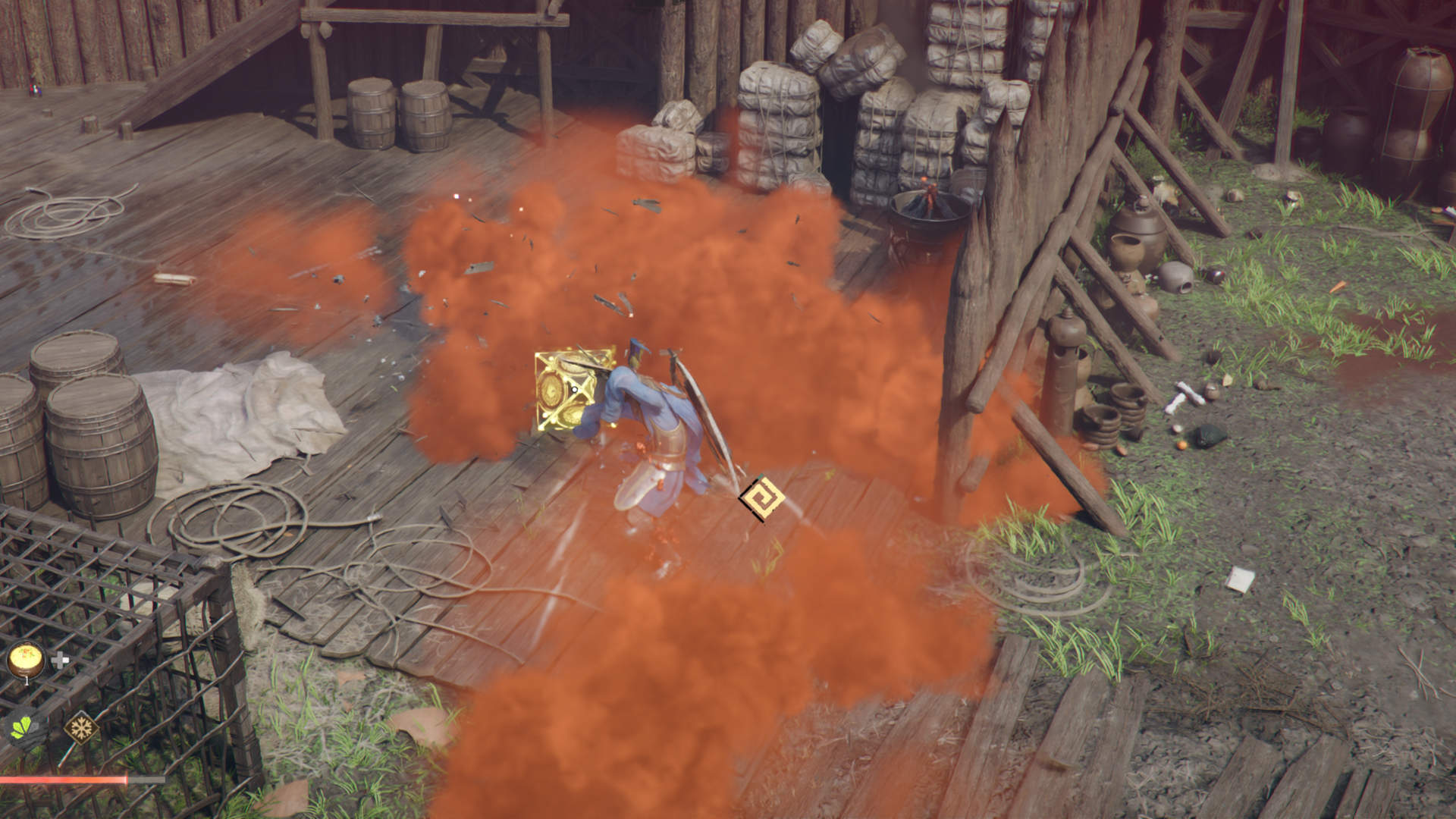 Kampf gegen den Roten Albtraum: Held wird von roter Rauch-Attacke im Lager getroffen in Crimson Desert.