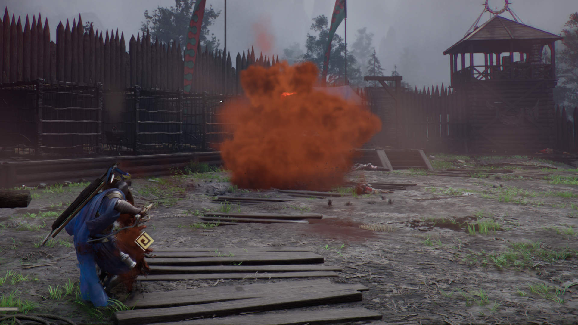 Krieger weicht im Lager einer roten Rauch-Explosion aus – Bosskampf gegen den Roten Albtraum in Crimson Desert.