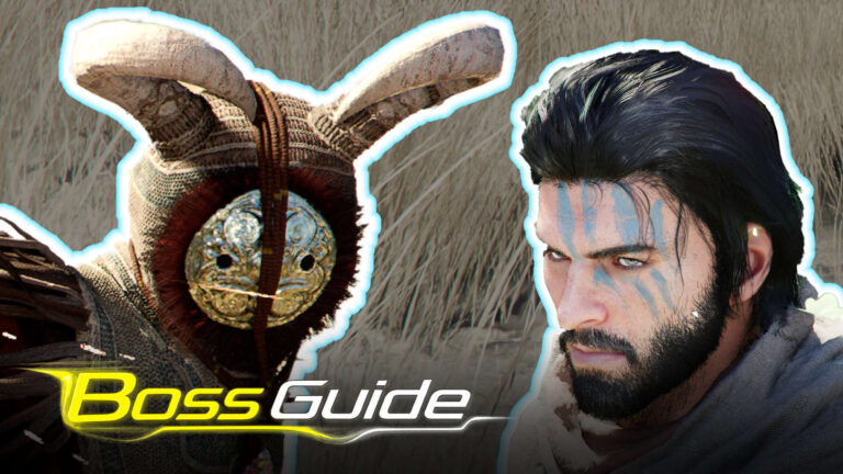 Boss-Guide zu Crimson Desert: Maskierter Gegner mit Hasenohren-Maske steht dem Helden Kliff mit blauer Kriegsbemalung gegenüber.