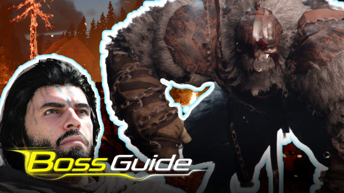 Boss-Guide: Krieger mit blauer Kriegsbemalung stellt sich riesigem, gepanzertem Boss Kearush in brennender Landschaft in Crimson Desert