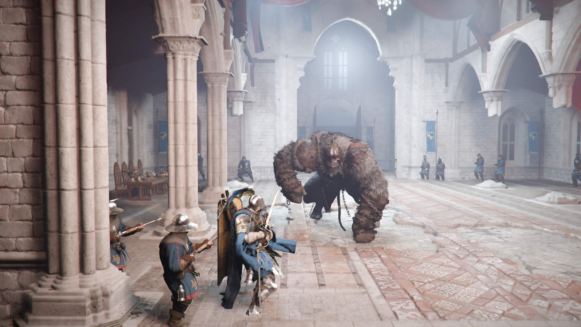 Kearush stürmt durch Kathedrale und greift Ritter mit brachialer Gewalt an – Bosskampf-Szene aus Crimson Desert.