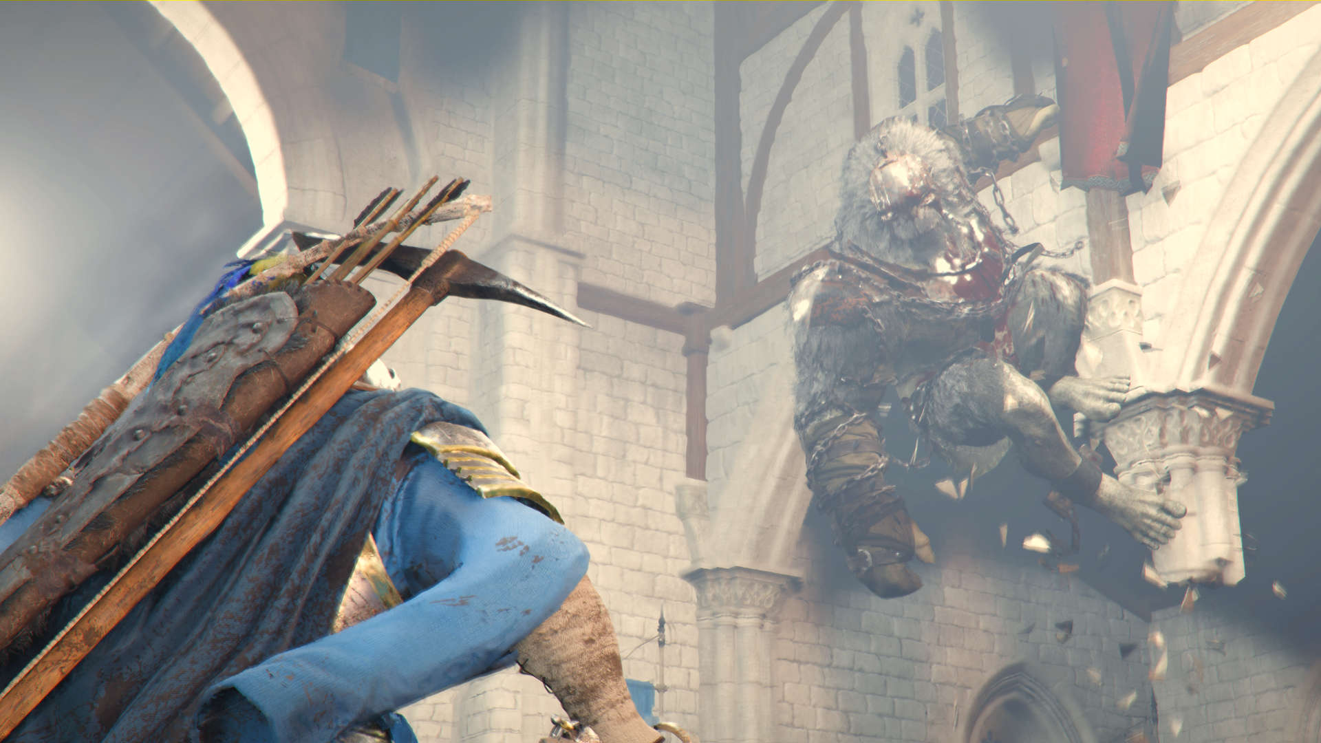 Kearush springt an Säule hoch und attackiert aus der Höhe – spektakulärer Bosskampf in Kathedrale aus Crimson Desert.