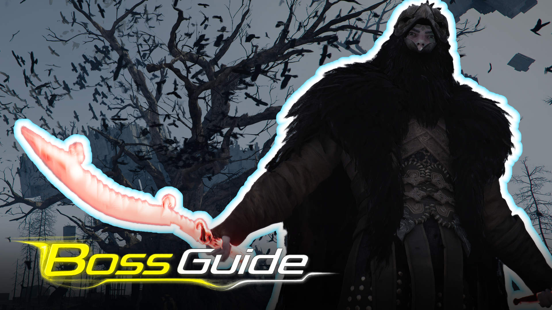 Crimson Desert: Crowcaller boss guide—glowing sword, dark forest filled with crows in the background, and an ominous boss battle scene.