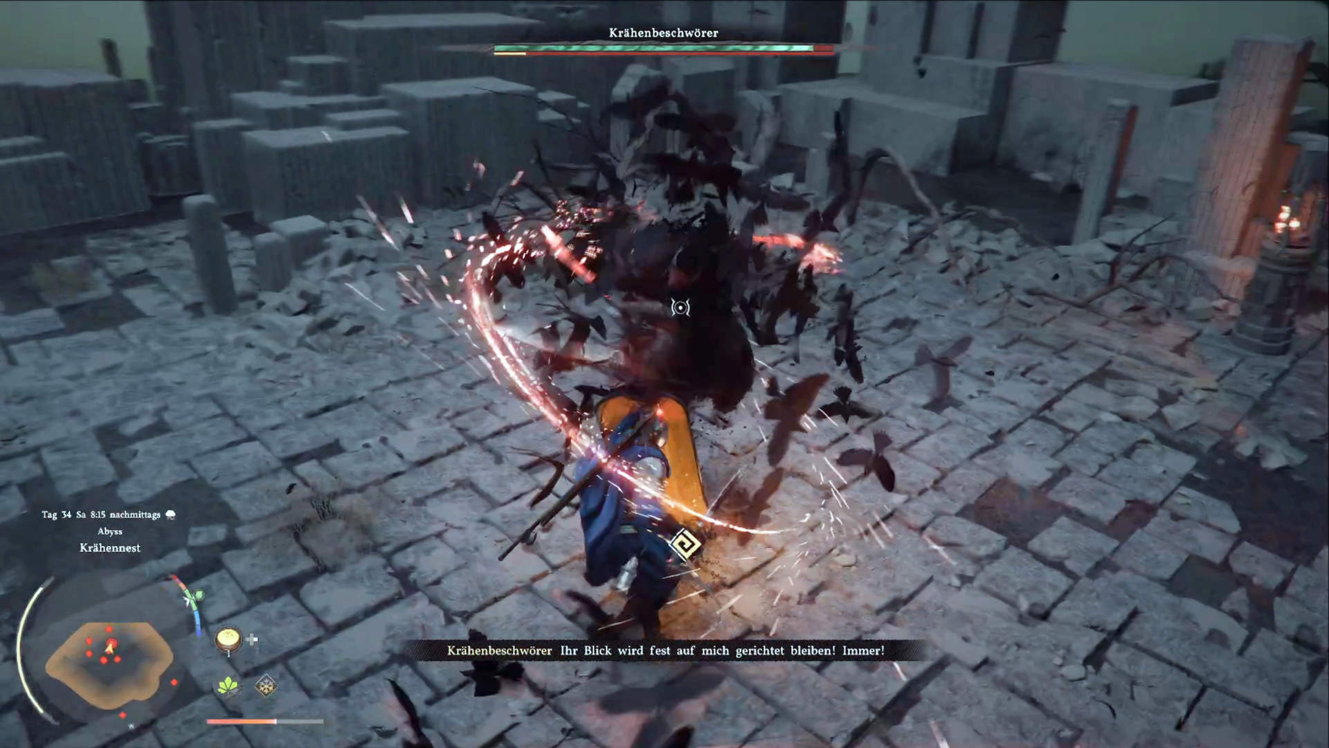 Heftige Kombo-Attacke des Krähenbeschwörers in Crimson Desert: Explosion aus Krähen und Funken bei Nahkampftreffer im Bossfight.