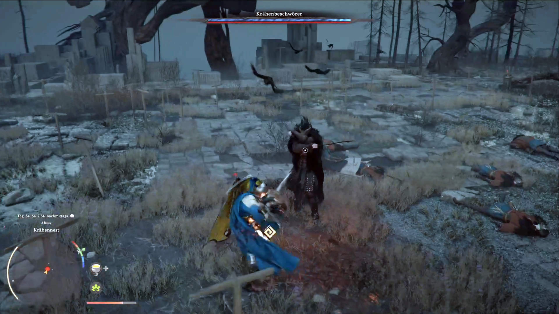 Krähenbeschwörer Bosskampf in Crimson Desert: Nahkampf-Duell im Krähen-Nest mit Schwertkampf und düsterer Atmosphäre in Phase 1.