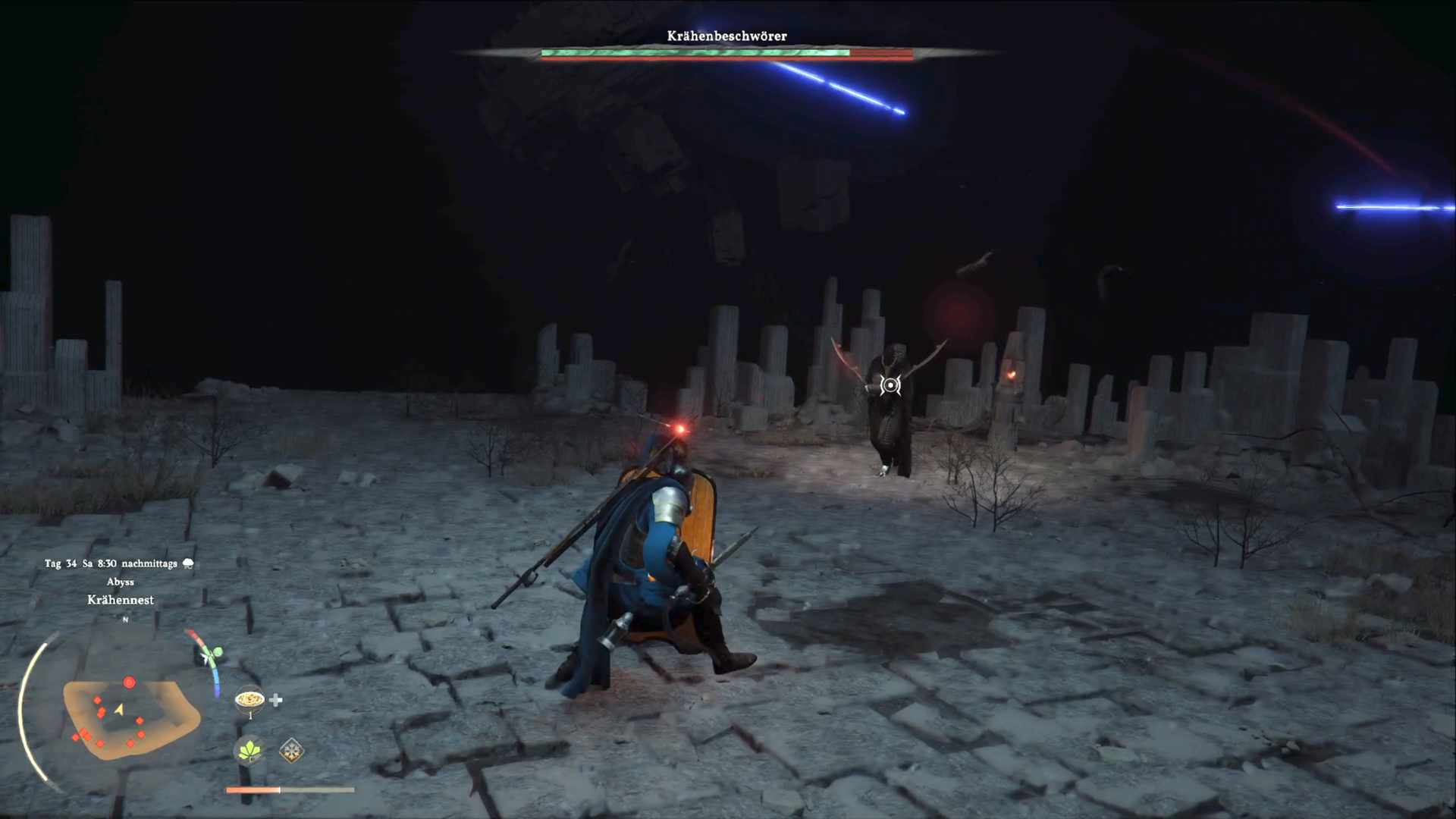 Crimson Desert Boss Krähenbeschwörer in Phase 2: Magieangriff mit Energieprojektilen in dunkler Arena, Spieler weicht aus.