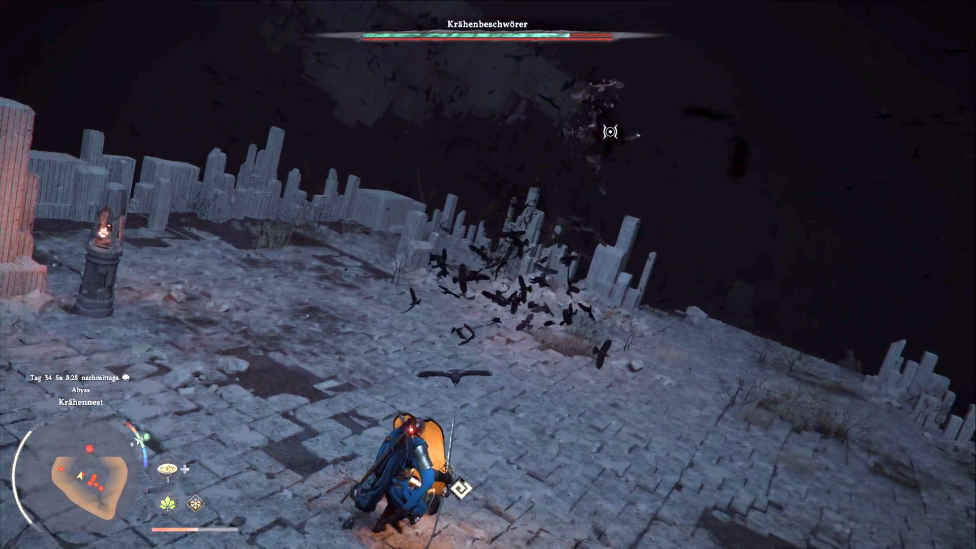 Krähenbeschwörer hebt ab und verwandelt sich in Krähen-Schwarm in Crimson Desert, spektakuläre Boss-Mechanik in Phase 3.