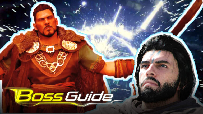 Crimson Desert Boss Guide: Ludvig mit Blitzkräften und zwei Charakterporträts im epischen Kampf-Thumbnail.