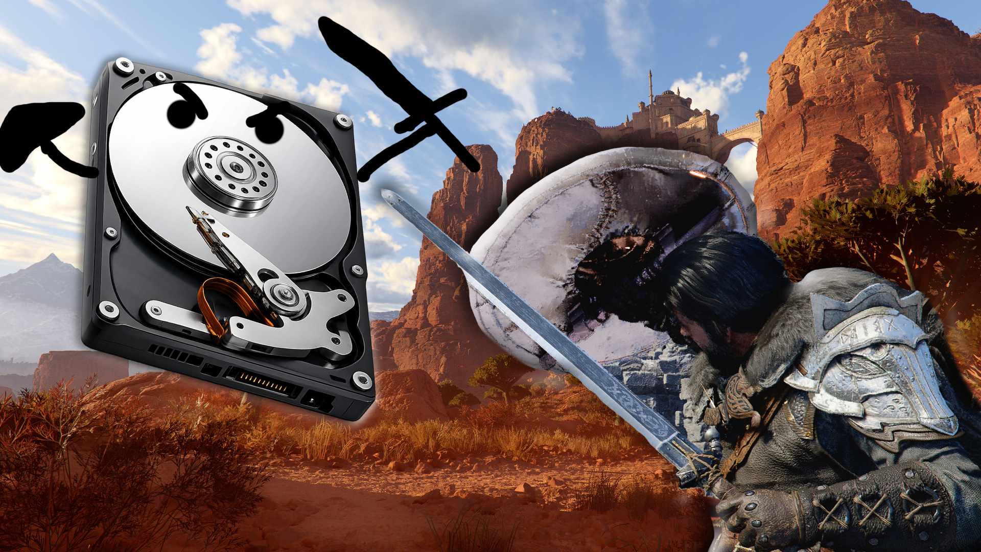 Crimson Desert: Warrior with sword set against a desert backdrop, alongside an HDD icon – highlighting download size and PC system requirements.