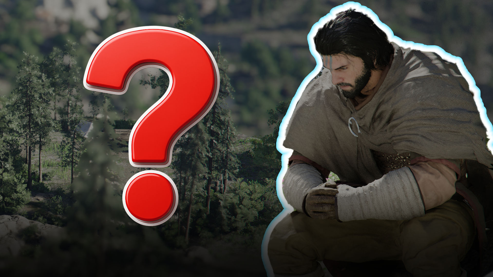 Headerbild zu Crimson Desert: Grübelnder Held vor Waldkulisse mit großem Fragezeichen zur Erweiterungsmission am Heulenden Hügel