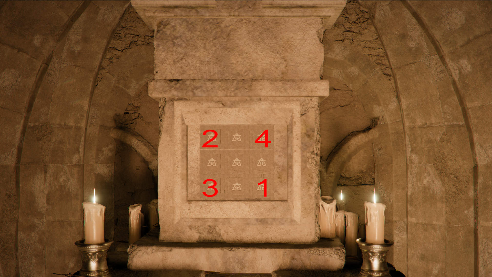 Crimson Desert: Rätselplatte mit Symbolen – Lösungshinweis für Säule des Glanzes im Kirchenrätsel.
