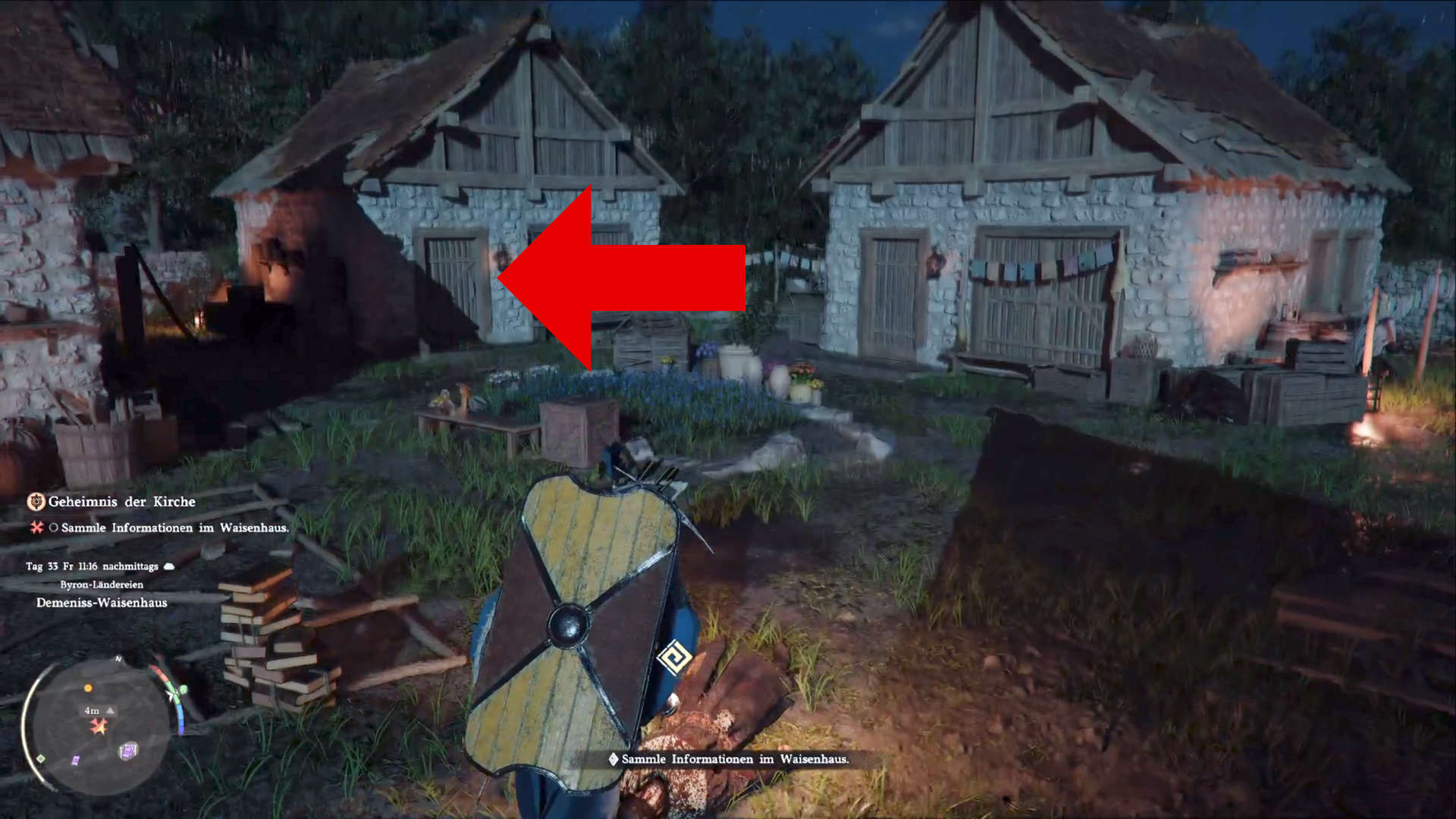 Crimson Desert: Eingang zum Waisenhaus im Dorf – genauer Ort für Quest „Geheimnis der Kirche“ mit markiertem Gebäude