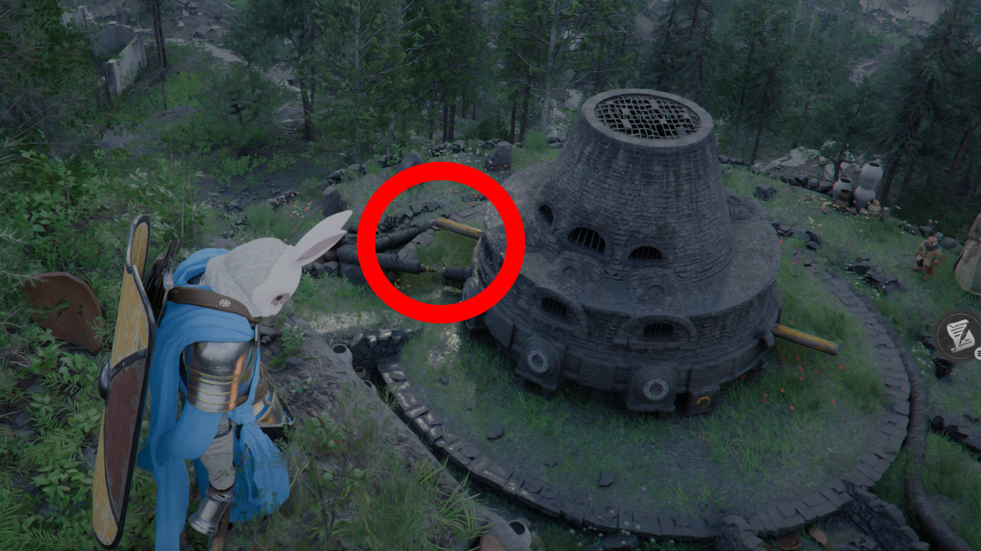 Verbindungsstecker am Brennofen finden und einsetzen – markierte Position für die Reparatur des geheimnisvollen Eisentopfs