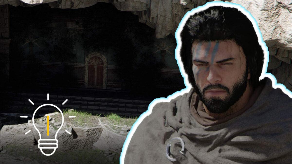 Guide zur Steinkammer des Drachen in Crimson Desert: Krieger mit Kriegsbemalung vor geheimem Eingang und Rätsel-Hinweis Symbol.