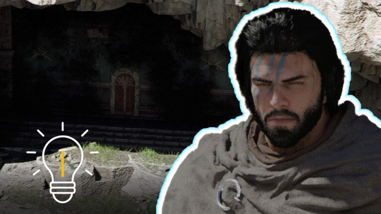 Guide zur Steinkammer des Drachen in Crimson Desert: Krieger mit Kriegsbemalung vor geheimem Eingang und Rätsel-Hinweis Symbol.