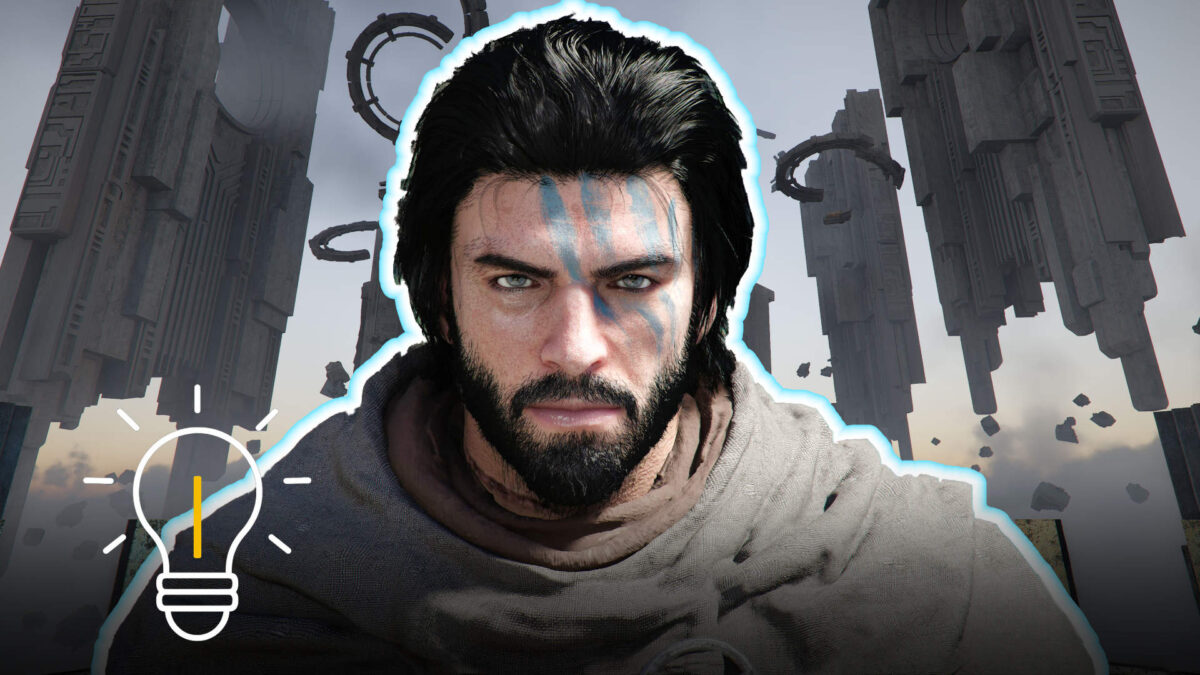 Krieger mit blauer Kriegsbemalung vor schwebenden Ruinen – Crimson Desert Guide zu Rätseln und Mechaniken in mystischer Umgebung