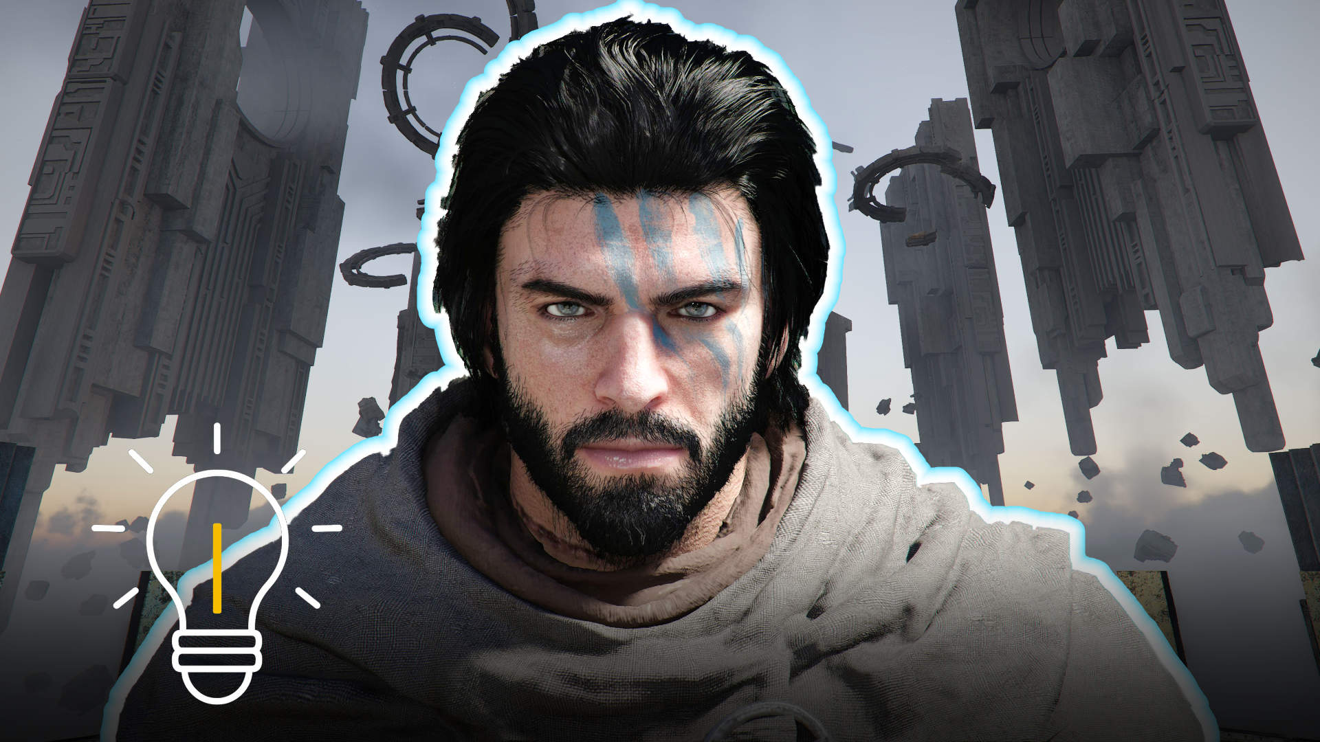 Krieger mit blauer Kriegsbemalung vor schwebenden Ruinen – Crimson Desert Guide zu Rätseln und Mechaniken in mystischer Umgebung