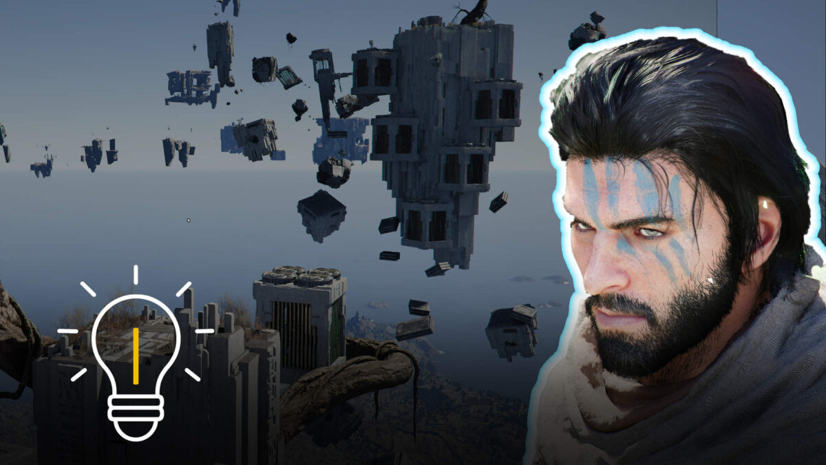 Krieger mit blauer Kriegsbemalung blickt auf schwebende Ruinen im Himmel – Rätsel um Himmelsweg aktivieren in Crimson Desert.