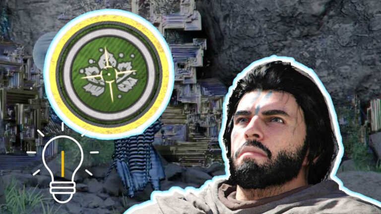 Headerbild: Held mit Symbol und Glühbirne weist auf Fundort und Nutzen des Kraftfaust-Fokus in Crimson Desert hin