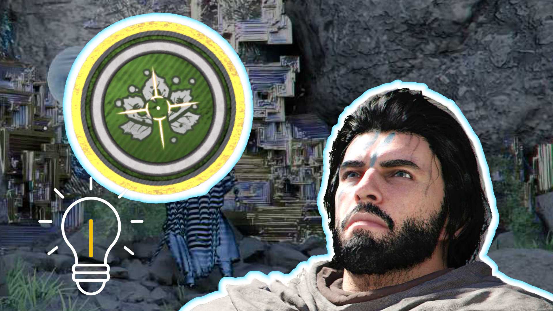 Headerbild: Held mit Symbol und Glühbirne weist auf Fundort und Nutzen des Kraftfaust-Fokus in Crimson Desert hin