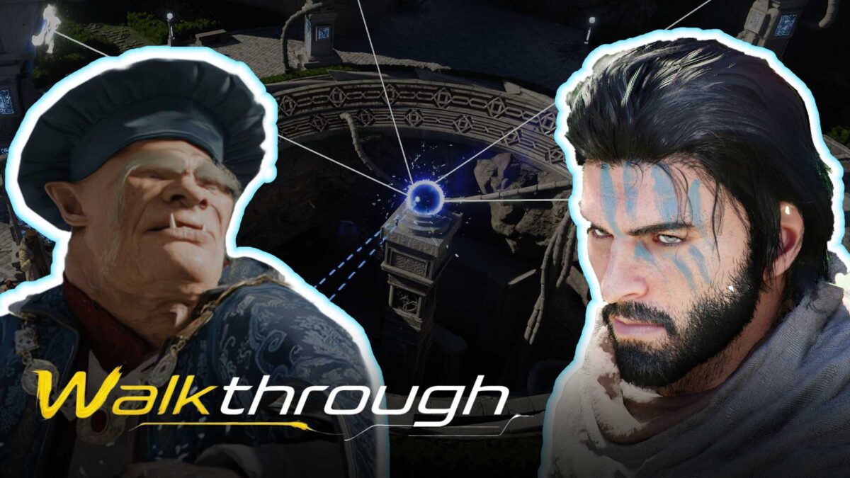 Crimson Desert Walkthrough Kapitel 4: Held und alter Mann vor magischem Rätsel mit Energiekugel und verbundenen Strahlen im Hintergrund