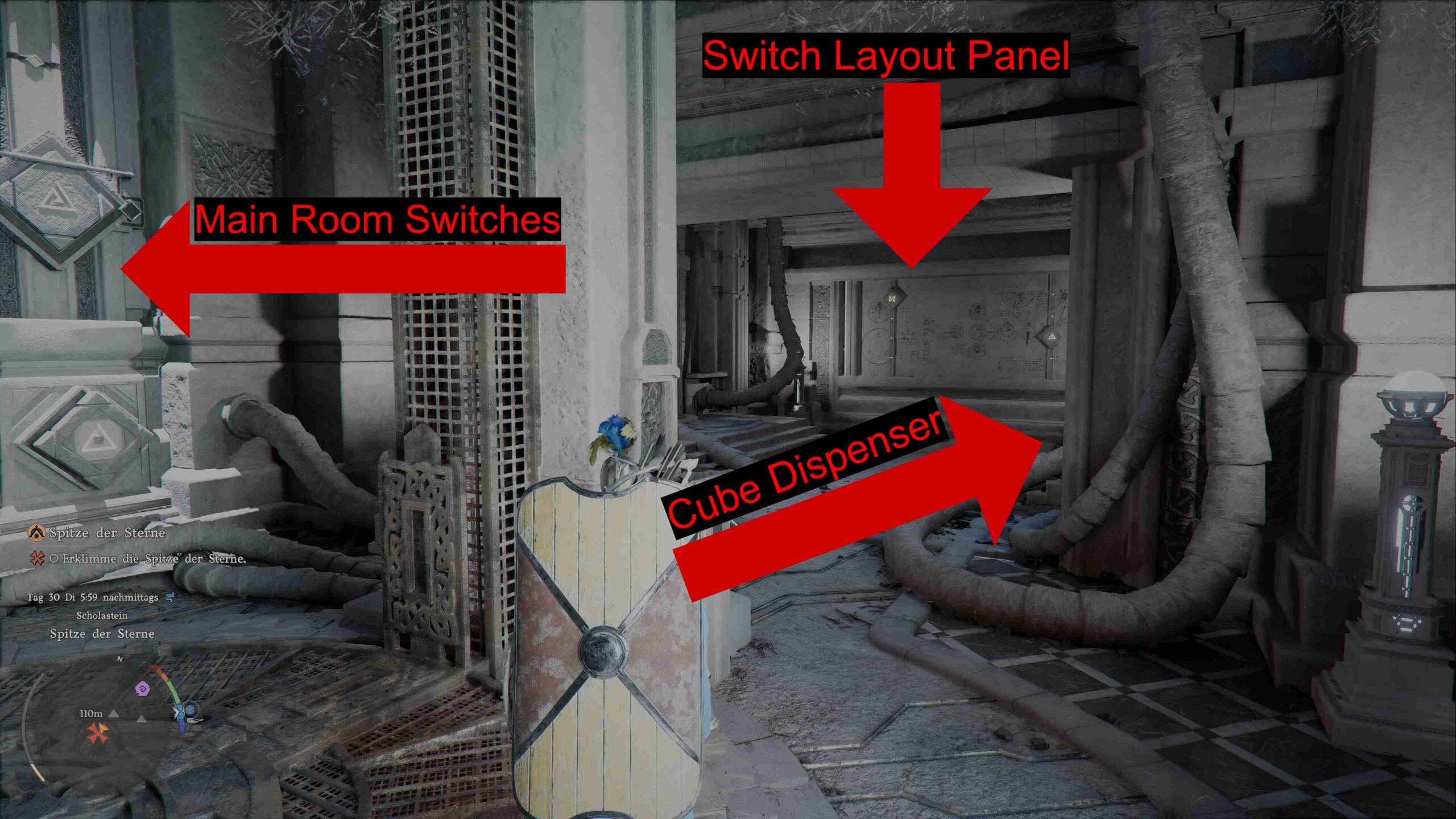 Crimson Desert guide shows main room switches, cube dispenser and switch layout panel in Peak of the Stars puzzle