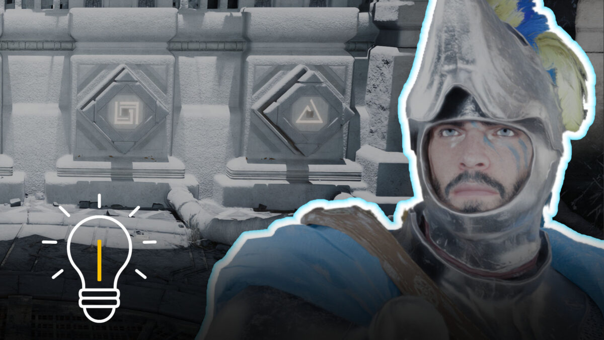 Headerbild zu Crimson Desert: Ritter mit Helm vor Runen-Schalterrätsel, Symbole an Steinwand und Glühbirnen-Icon als Hinweis auf die Lösung